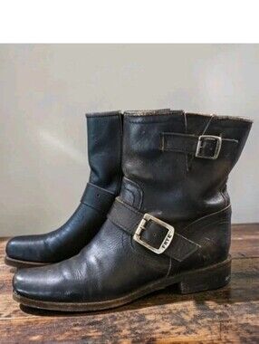 Vtg Frye Black Distressed Leather Ankle Boots Engineer Harness Mexico! 8.5B
